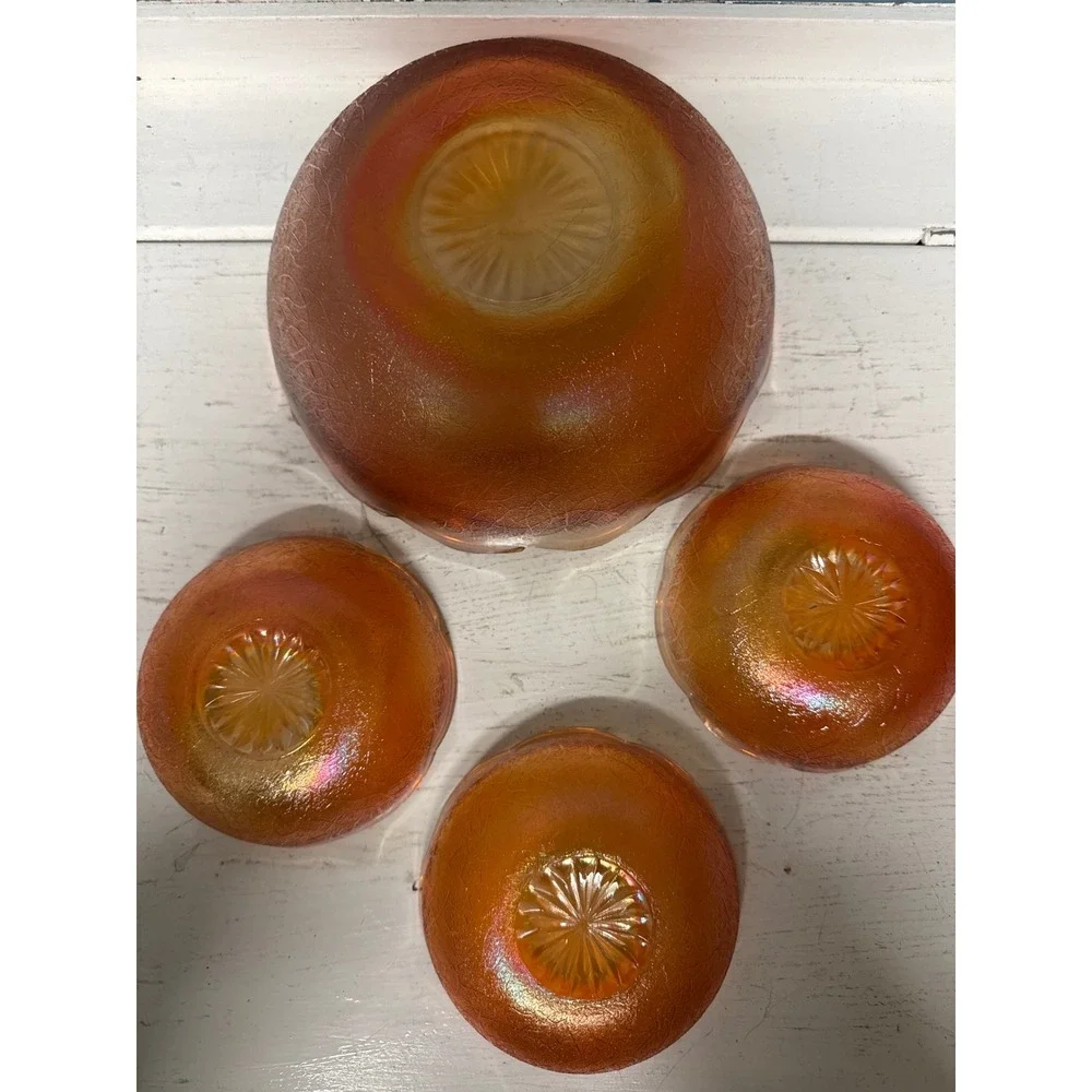 Vintage Amber Iridescent Carnival Glass‎ Footed Bowl Set Dessert Candy Dishes